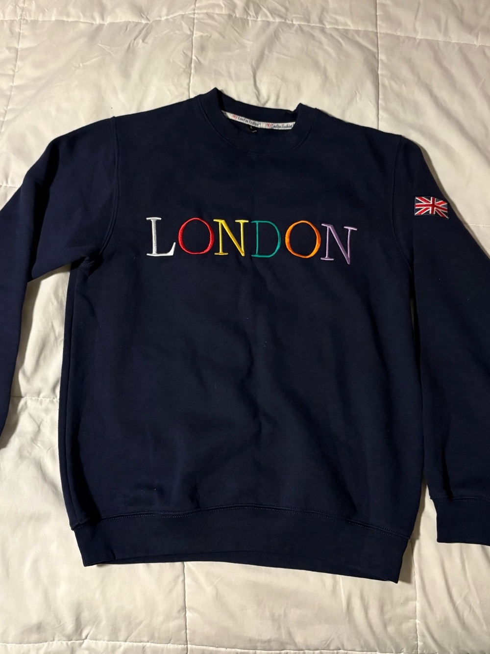 Men's Navy Crewneck Sweater with Multicolor LONDON Embroidery